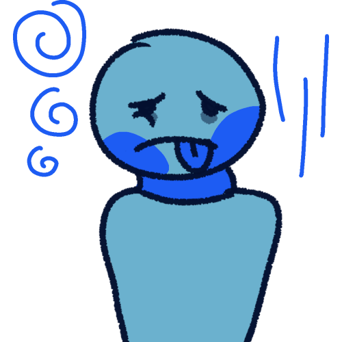 an ill and tired looking blue person with dark blue cheeks and their tongue sticking out on the side. Surrounding them are blue spirals and three long blue vertical lines for emphasis